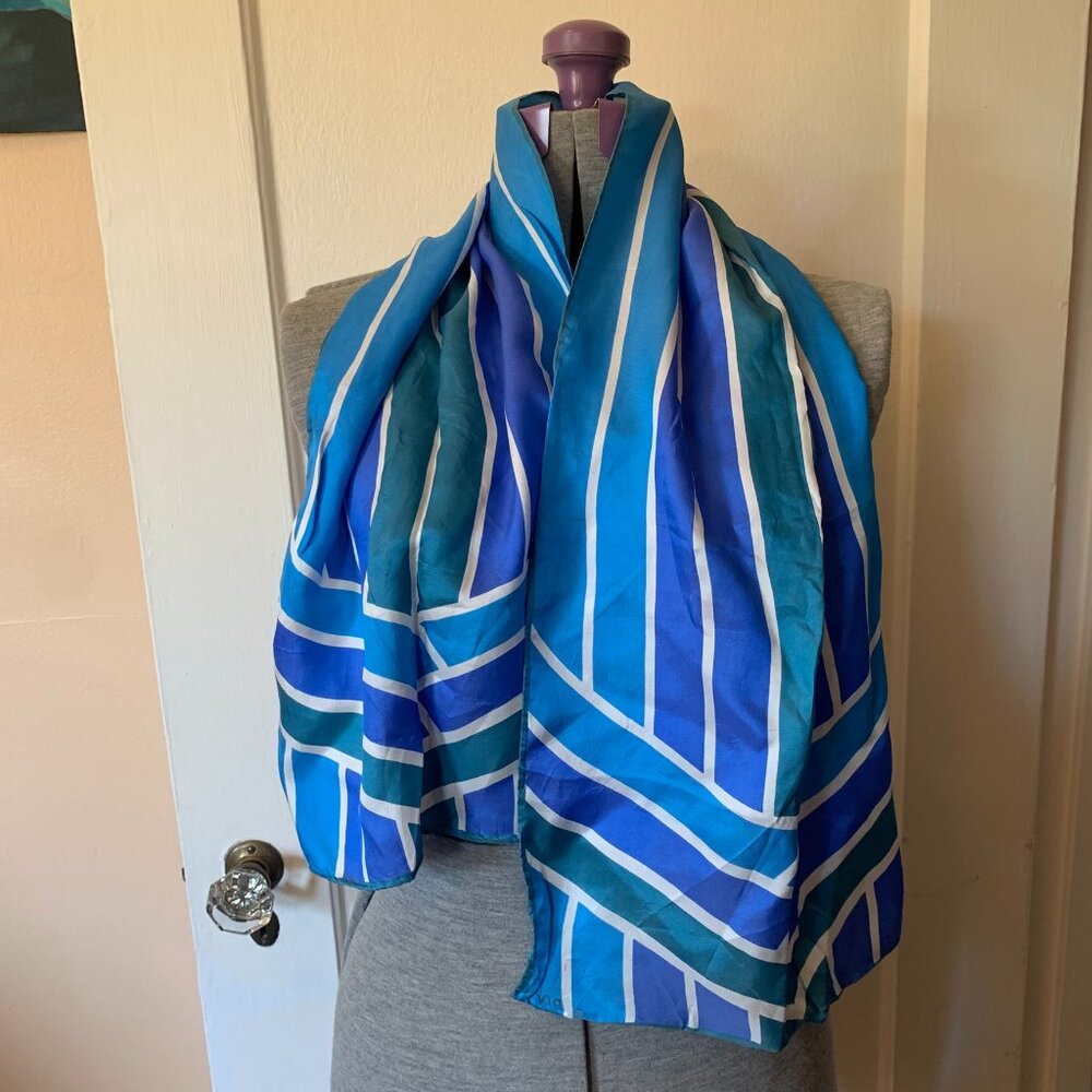 Scarves by Vera Blue Geometric Striped Silk Rayon Scarf‎ Japan